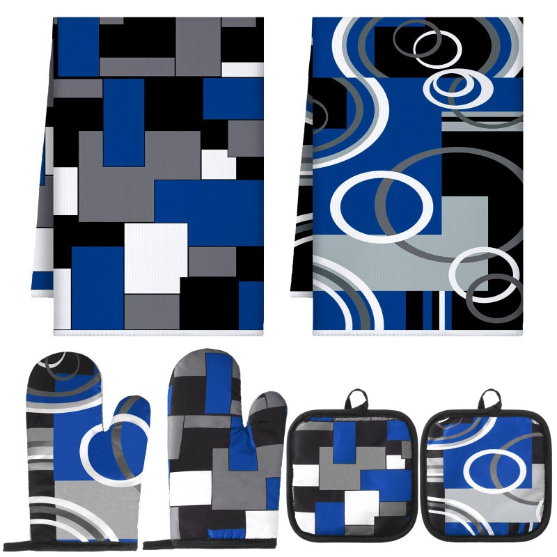 Jingmore 6 Pcs Kitchen Decor Set Accessorie Farmhouse Kitchen Towels Pot Holders Oven Mitts Set 2 Dish Towels 2 Pot Holders 2 Cooking Mittens Oven Glove for Cooking(Blue and Black,Geometric) - Image 1