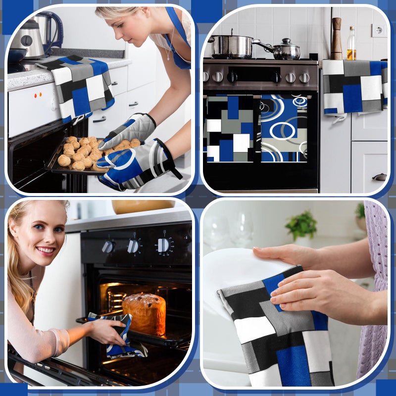 Jingmore 6 Pcs Kitchen Decor Set Accessorie Farmhouse Kitchen Towels Pot Holders Oven Mitts Set 2 Dish Towels 2 Pot Holders 2 Cooking Mittens Oven Glove for Cooking(Blue and Black,Geometric) - Image 5