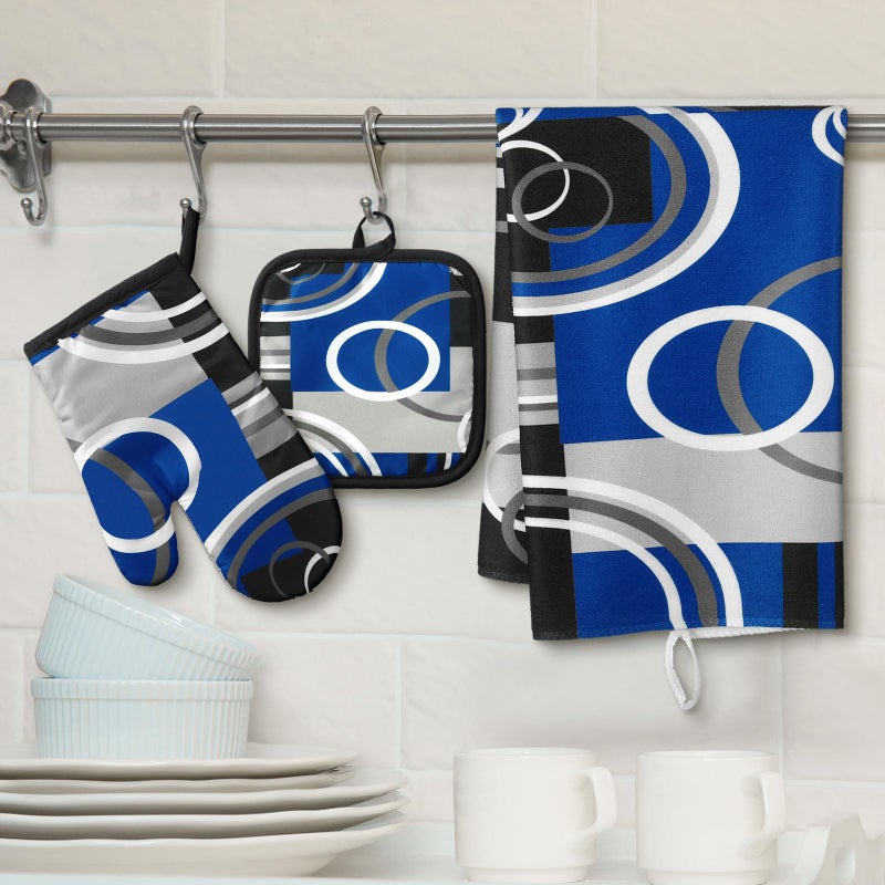 Jingmore 6 Pcs Kitchen Decor Set Accessorie Farmhouse Kitchen Towels Pot Holders Oven Mitts Set 2 Dish Towels 2 Pot Holders 2 Cooking Mittens Oven Glove for Cooking(Blue and Black,Geometric) - Image 2