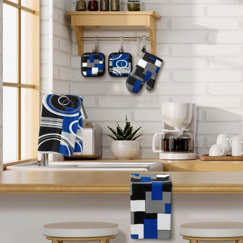 Jingmore 6 Pcs Kitchen Decor Set Accessorie Farmhouse Kitchen Towels Pot Holders Oven Mitts Set 2 Dish Towels 2 Pot Holders 2 Cooking Mittens Oven Glove for Cooking(Blue and Black,Geometric) - Image 4