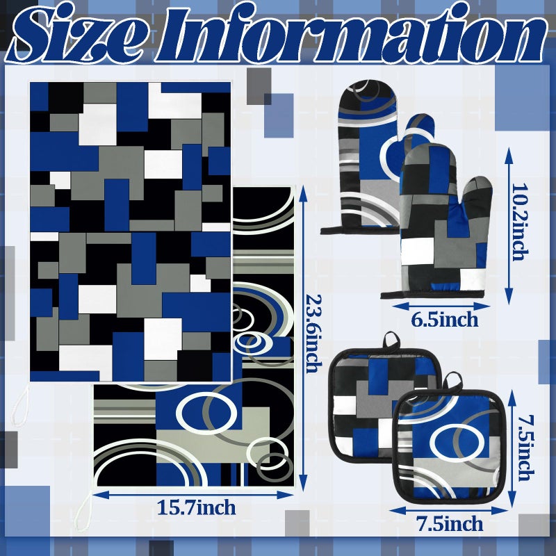 Jingmore 6 Pcs Kitchen Decor Set Accessorie Farmhouse Kitchen Towels Pot Holders Oven Mitts Set 2 Dish Towels 2 Pot Holders 2 Cooking Mittens Oven Glove for Cooking(Blue and Black,Geometric) - Image 3