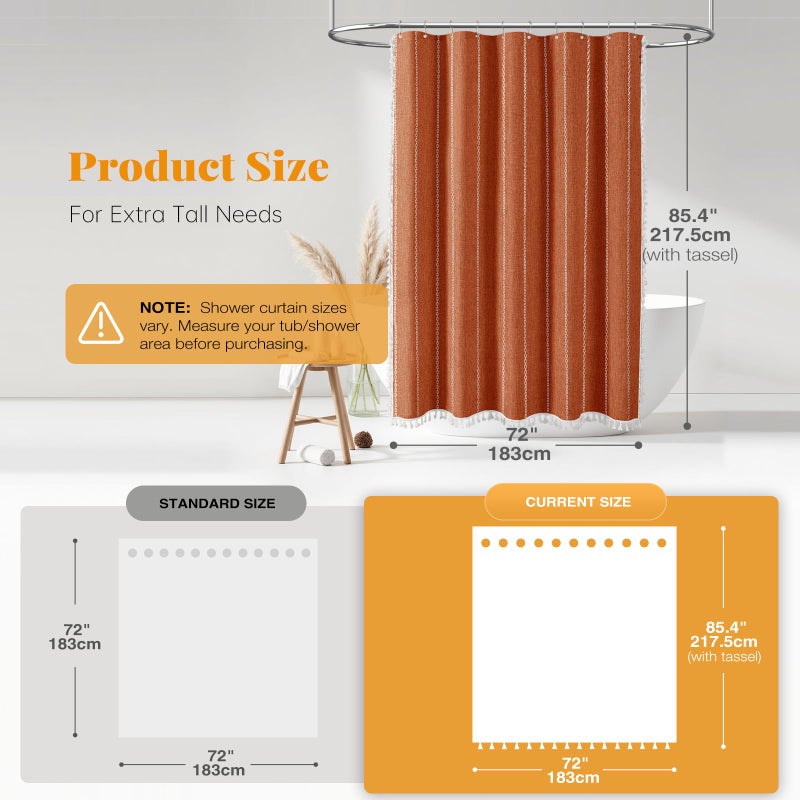 BTTN Boho Farmhouse Shower Curtain - Linen Rustic Heavy Duty Striped Fabric Shower Curtain Set with Tassel, Bohemian Vintage Country Cloth Shower Curtains for Bathroomï¼ŒOrangeï¼Œ72"W x 84"L (Pack of 1) - Image 3