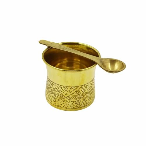 Spillbox Traditional Handcrafted Brass panchapatra panchpathiram panchapalli for Pooja/Worship - Designed Panchamurt Set - Image 1