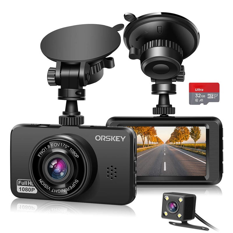ORSKEY Dash Cam for Cars Front and Rear 1080P Full HD In Car Camera Dual Lens Dashcam Wide Angle Sony Sensor with Loop Recording and G-sensor - Image 1