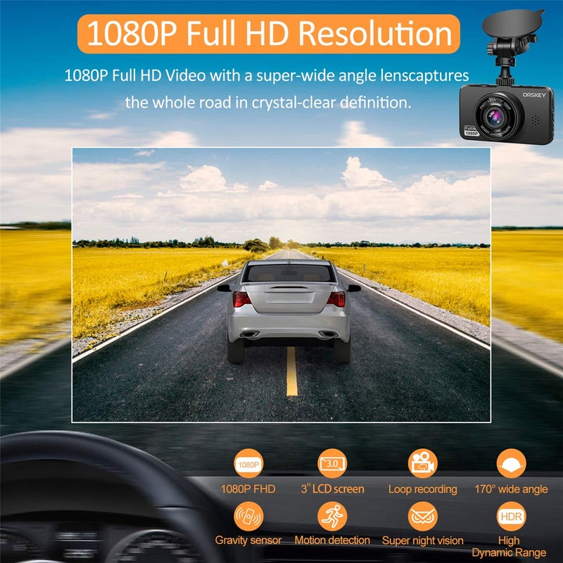 ORSKEY Dash Cam for Cars Front and Rear 1080P Full HD In Car Camera Dual Lens Dashcam Wide Angle Sony Sensor with Loop Recording and G-sensor - Image 2