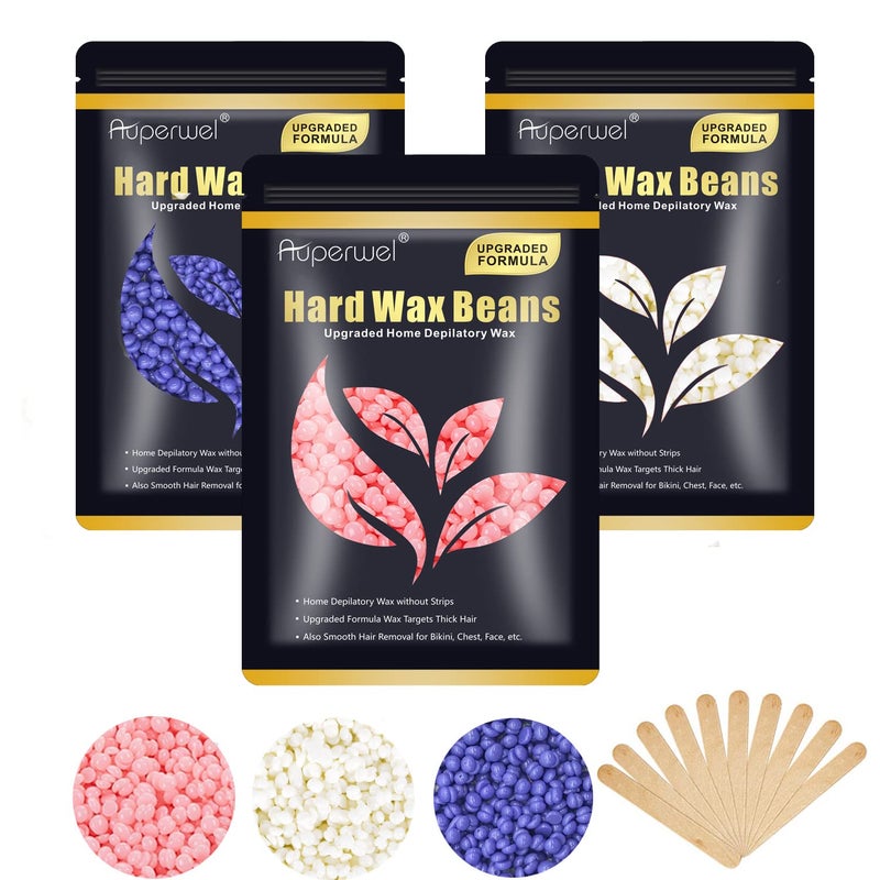 Wax Beads for Hair Removal 105oz Upgraded Formula Painless Hard Wax Beans Waxing Beads for Face Eyebrow Brazilian Bikini Refill 3 Packs with 10pcs Applicators
