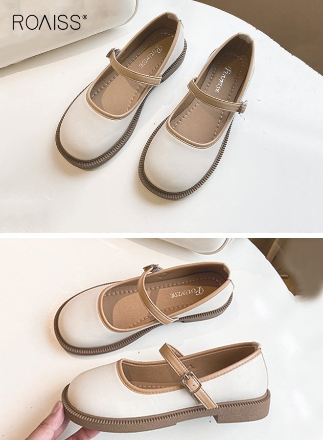 roaiss Retro Mary Jane Flats for Women Low Heel Two Tone Accents Shoes Ladies Slip Resistant Sole Chic Versatile Small Leather Shoes Vanilla Cream Beige - Image 4