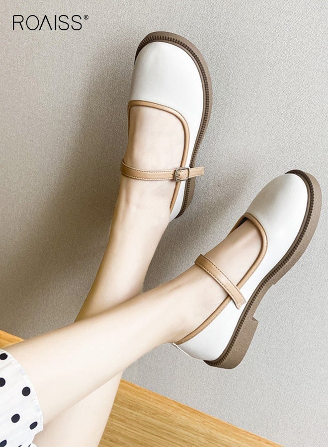 roaiss Retro Mary Jane Flats for Women Low Heel Two Tone Accents Shoes Ladies Slip Resistant Sole Chic Versatile Small Leather Shoes Vanilla Cream Beige - Image 3
