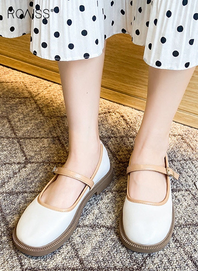 roaiss Retro Mary Jane Flats for Women Low Heel Two Tone Accents Shoes Ladies Slip Resistant Sole Chic Versatile Small Leather Shoes Vanilla Cream Beige - Image 5