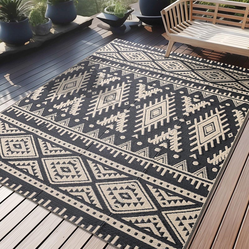 OLANLY Outdoor Rug Waterproof 5x8 ft, Reversible Outdoor Plastic Straw Rug, Boho Patio Rug, Indoor Outdoor Carpet, RV Mat Outside for Patio, Camp, Picnic, Balcony, Deck, Backyard, Black & Beige - Image 1