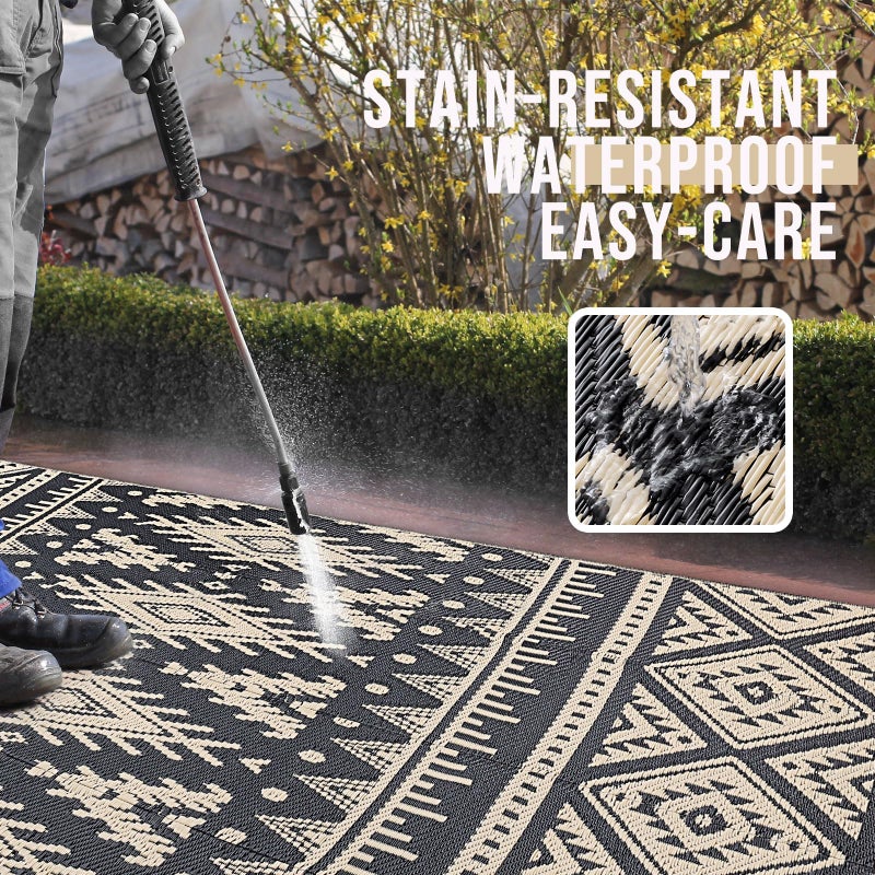 OLANLY Outdoor Rug Waterproof 5x8 ft, Reversible Outdoor Plastic Straw Rug, Boho Patio Rug, Indoor Outdoor Carpet, RV Mat Outside for Patio, Camp, Picnic, Balcony, Deck, Backyard, Black & Beige - Image 3