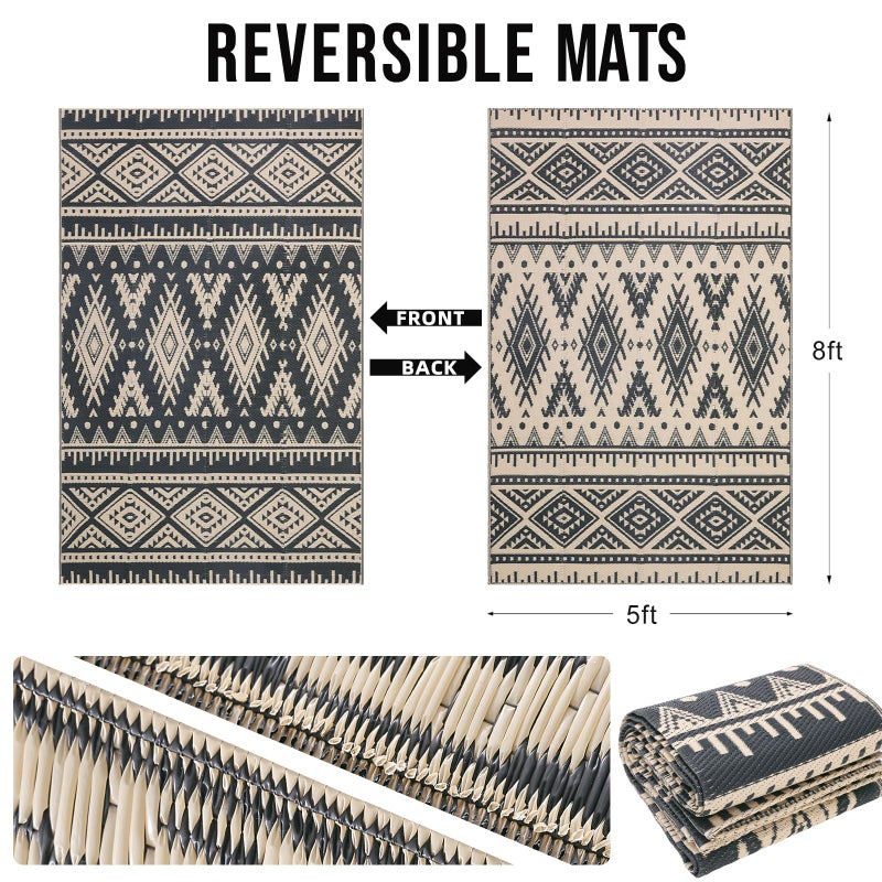 OLANLY Outdoor Rug Waterproof 5x8 ft, Reversible Outdoor Plastic Straw Rug, Boho Patio Rug, Indoor Outdoor Carpet, RV Mat Outside for Patio, Camp, Picnic, Balcony, Deck, Backyard, Black & Beige - Image 2