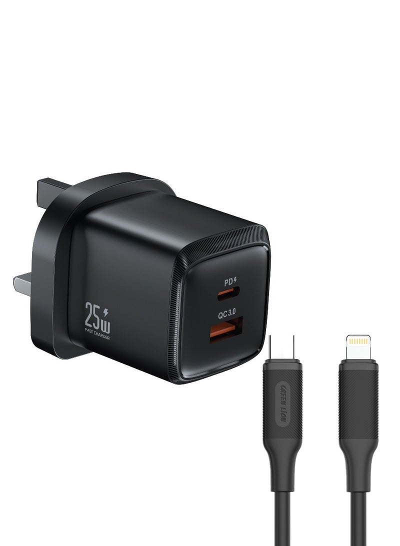 GREEN LION Dual Port Wall Charger G-Charge Series with 1m Lightning to Type-C Cable/ PD25W & QC 18W/ PPS 25W Max / Ultra-Compact Travel Charger/ UK Plug/Fast Charging Wall Charger - Black - Image 1