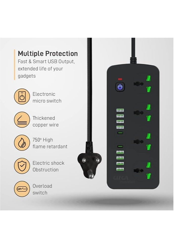 Gizga Essentials Power Extension Board 8 USB 4.2A Ports, 2 PD 20W Ports, 4 Universal Thermal Trip Electrical Multi Plug Sockets, Surge Protection, Spike Guard, 3000W 16A, Flame Proof, 2m Cord Length - Image 3