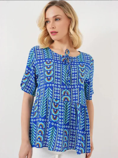 BIG DART BDART Patterned Crew Neck Blouse with Bow Detail