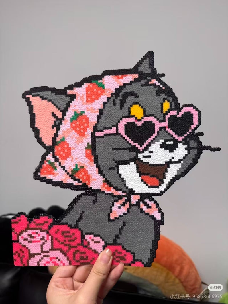 Handmade Tom Cat Fuse Beads Pixel Art Ornament, Heart Sunglasses Strawberry Bandana Tom Decor