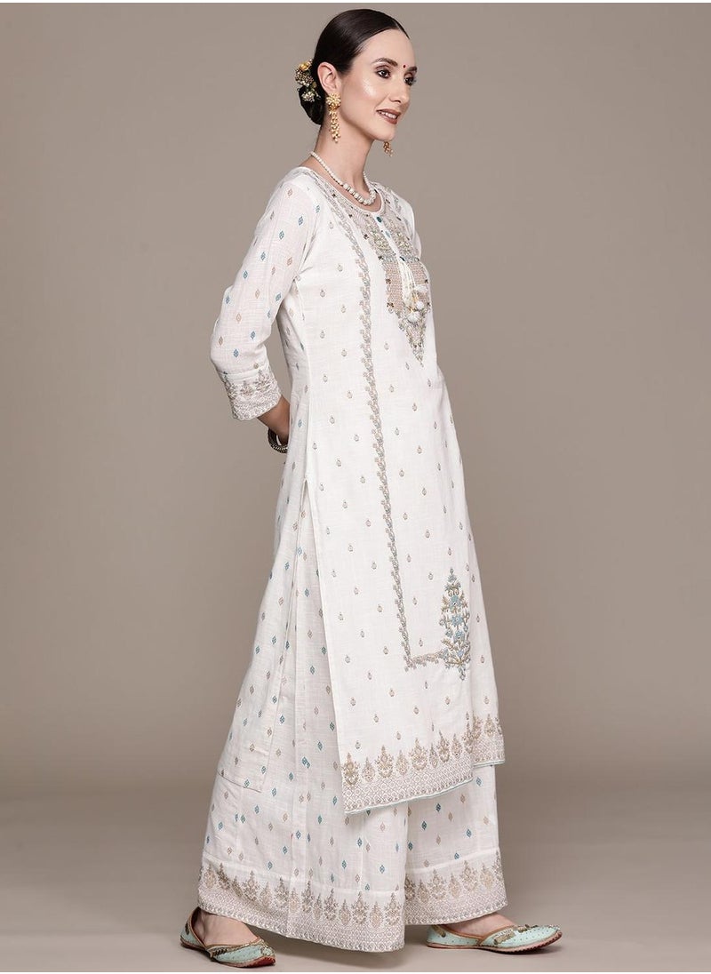 ISHIN - Regular Fit Embroidered Pattern Round Neck Neck Three-Quarter Sleeve Off White Colour Knitted Cotton Kurta Set for Women with Mid-Rise Closure - Unmatched Grace and Comfort - Image 1