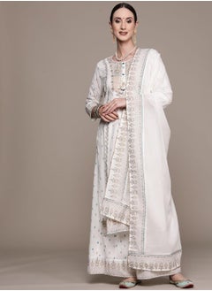 Regular Fit Embroidered Pattern Round Neck Neck Three-Quarter Sleeve Off White Colour Knitted Cotton Kurta Set for Women with Mid-Rise Closure - Unmatched Grace and Comfort