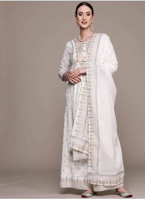 Women's Off White 100% Cotton Embroidered Regular Fit Kurta Set
