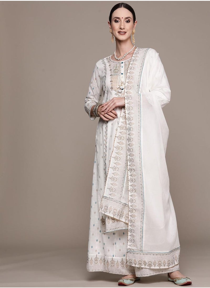 ISHIN - Regular Fit Embroidered Pattern Round Neck Neck Three-Quarter Sleeve Off White Colour Knitted Cotton Kurta Set for Women with Mid-Rise Closure - Unmatched Grace and Comfort - Image 1