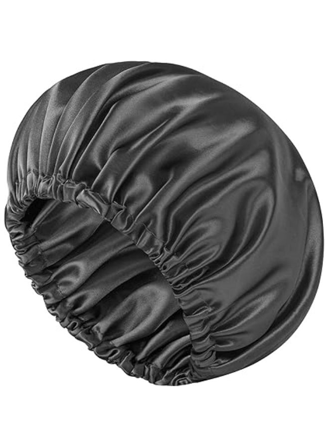 بونيه من الساتان بطبقة مزدوج من الحرير بونيه للشعر للنوم للشعر الطبيعي والمجعد للنساء (أسود) - Image 1