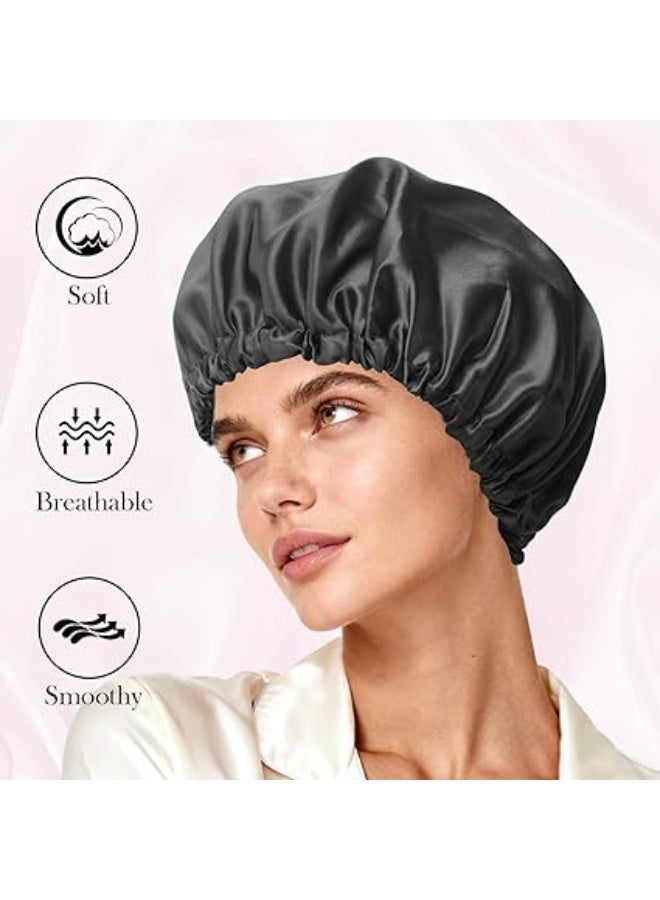 بونيه من الساتان بطبقة مزدوج من الحرير بونيه للشعر للنوم للشعر الطبيعي والمجعد للنساء (أسود) - Image 2
