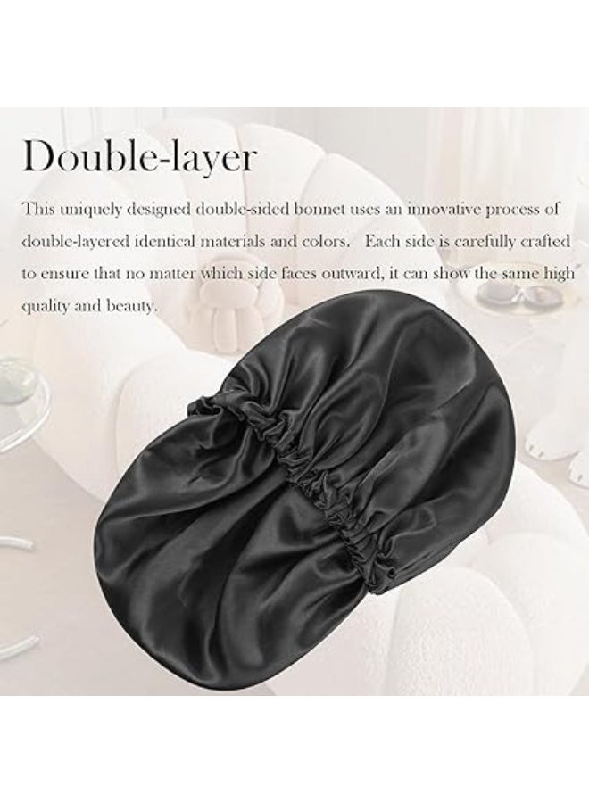 بونيه من الساتان بطبقة مزدوج من الحرير بونيه للشعر للنوم للشعر الطبيعي والمجعد للنساء (أسود) - Image 4