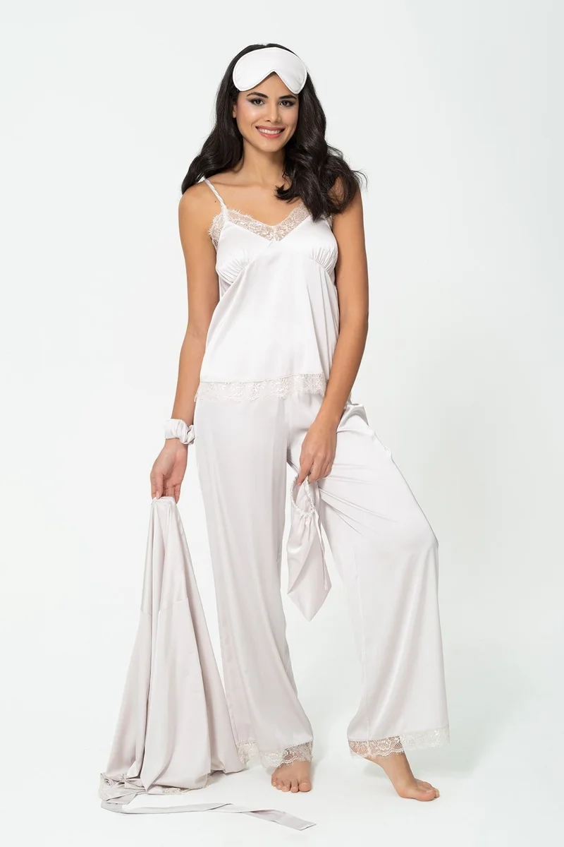 فور يو سليبوير 6-Piece Lace Dressing Gown Athlete Trousers Gray Pajama Set S27087