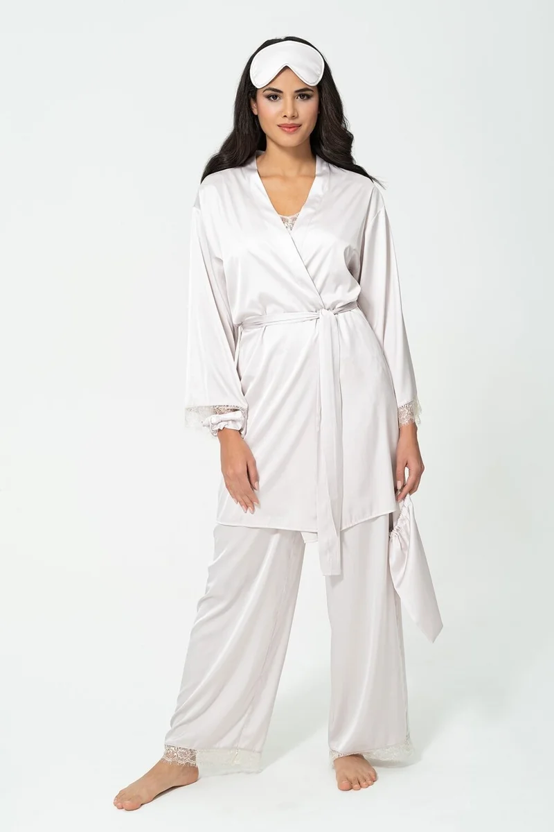 فور يو سليبوير 6-Piece Lace Dressing Gown Athlete Trousers Gray Pajama Set S27087