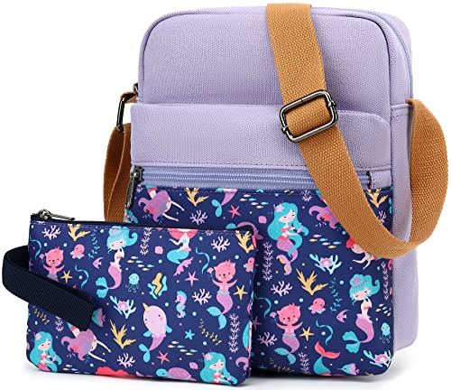 Leaper Girls Crossbody Purses 2 PCS Mermaid Messenger Bag Canvas Crossbody Bag and Purse Set for Women Purple - Image 2