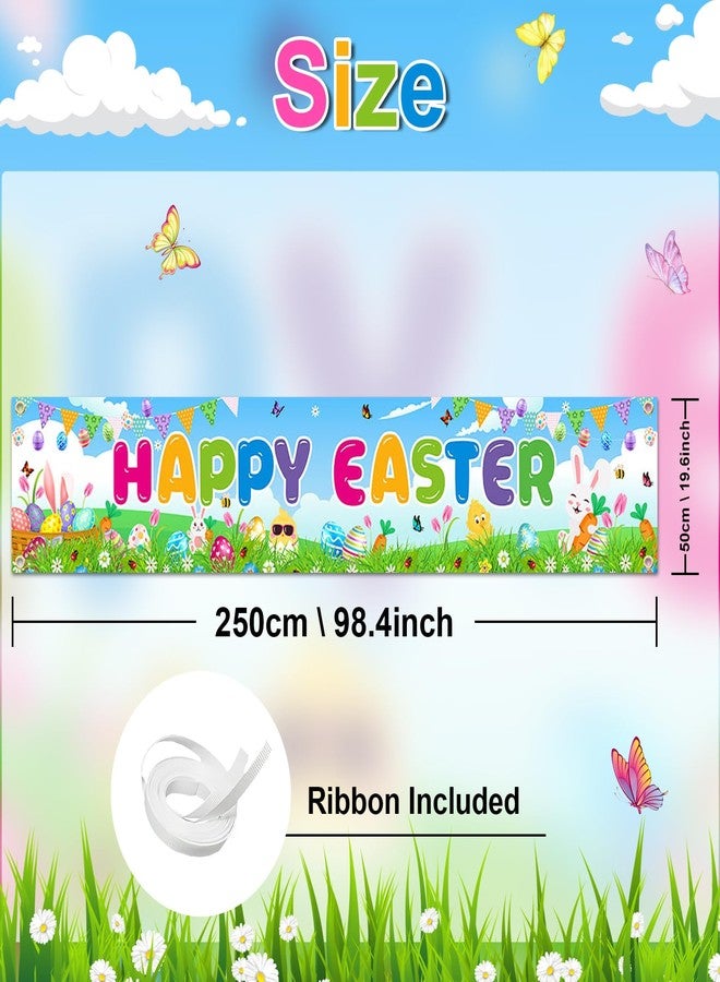 Lecheme Happy Easter Banner Large Bunny Eggs Fence Backdrop for Outdoor Classroom Easter Decorations - Image 2