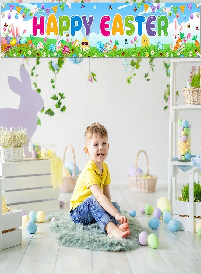 Lecheme Happy Easter Banner Large Bunny Eggs Fence Backdrop for Outdoor Classroom Easter Decorations - Image 4
