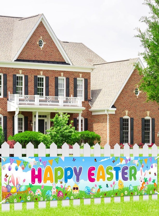 Lecheme Happy Easter Banner Large Bunny Eggs Fence Backdrop for Outdoor Classroom Easter Decorations - Image 1