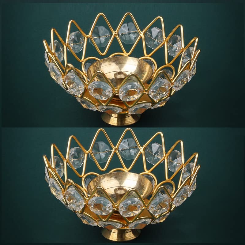 ekysa dekor Glass Beads Candle Holder (Set of 2) for Festival Decoration Like Diwali, Christmas and Home Decoration for Table Centerpiece, Rangoli - 13 cm, Gold Lotus Shape - Image 1