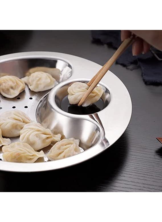 FreshDcart FreshDcart FDCA164 Stainless Steel Dumplings Plate Fruit Dish Drainer with Dipping Saucer Double Layer Draining for Dinner Lunch Use Multicolor Pack of 1  - Image 4