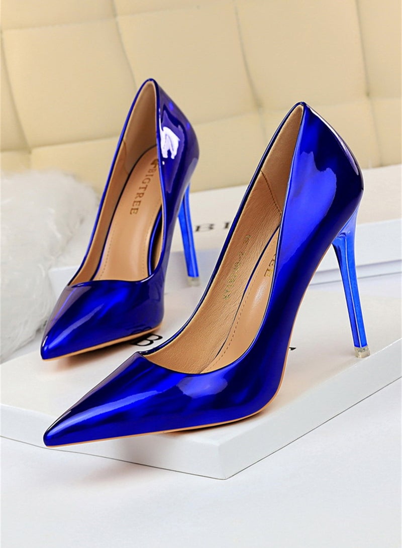 BIGTREE 10.5cm Metal Heels High Heels Bright Patent Leather Shallow Cut Pointed Slim Heels Blue  - Image 1