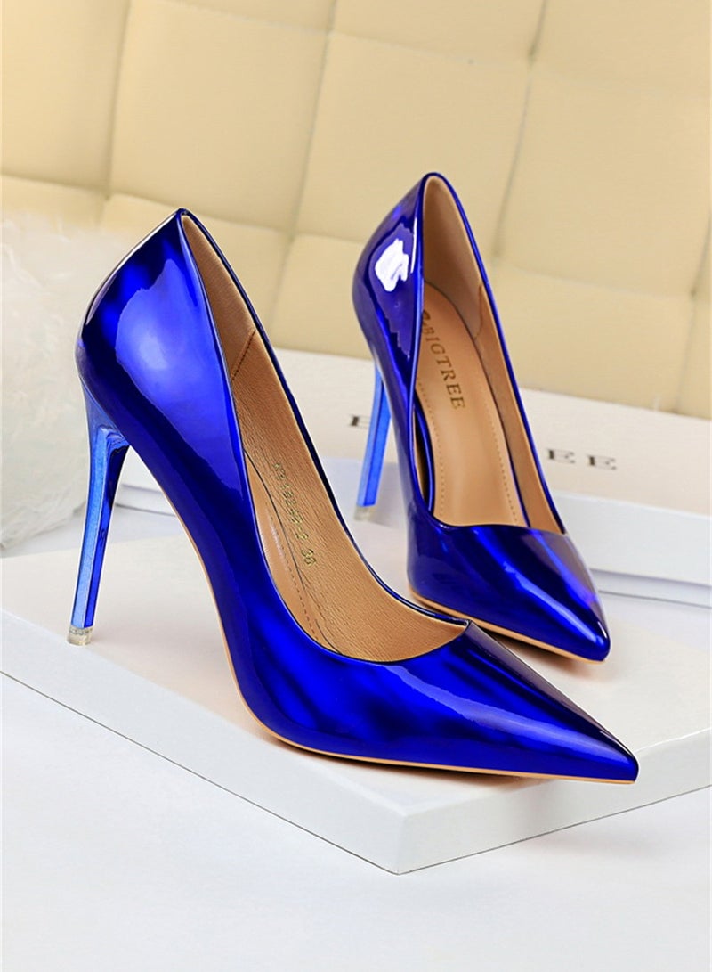 BIGTREE 10.5cm Metal Heels High Heels Bright Patent Leather Shallow Cut Pointed Slim Heels Blue  - Image 2