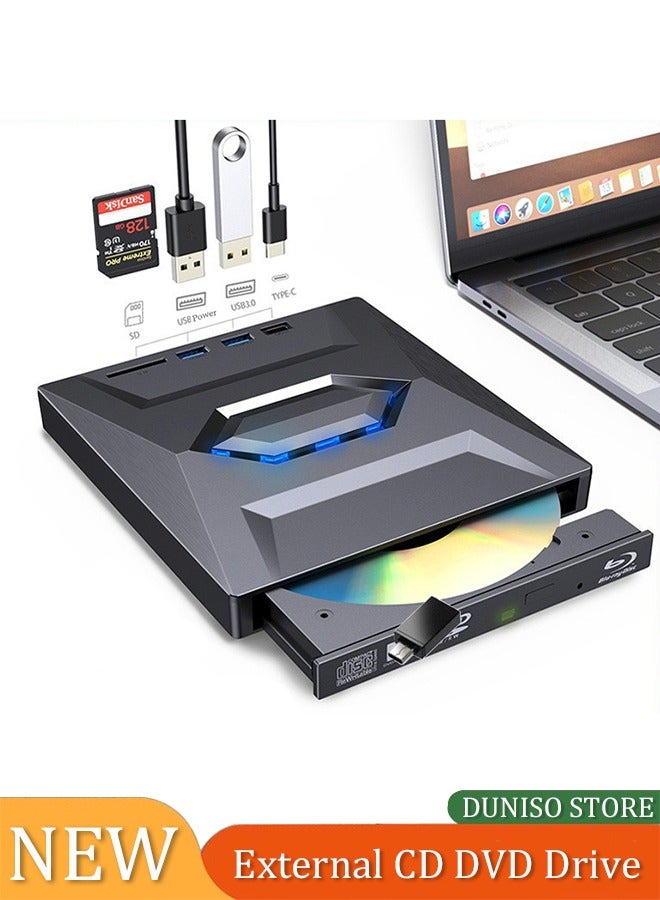 DUNISO External DVD drive, USB portable CD player, burner, reader/writer, with Type C interface and USB interface, SD card expansion interface and power interface, suitable for laptops and desktop computers, can read videos, music, etc, black  - Image 1