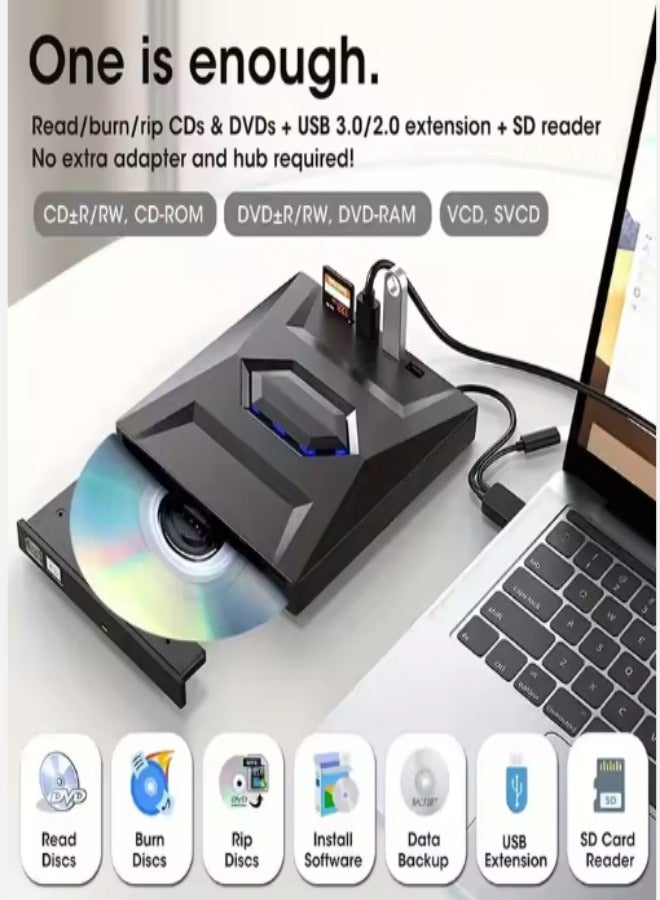 DUNISO External DVD drive, USB portable CD player, burner, reader/writer, with Type C interface and USB interface, SD card expansion interface and power interface, suitable for laptops and desktop computers, can read videos, music, etc, black  - Image 3