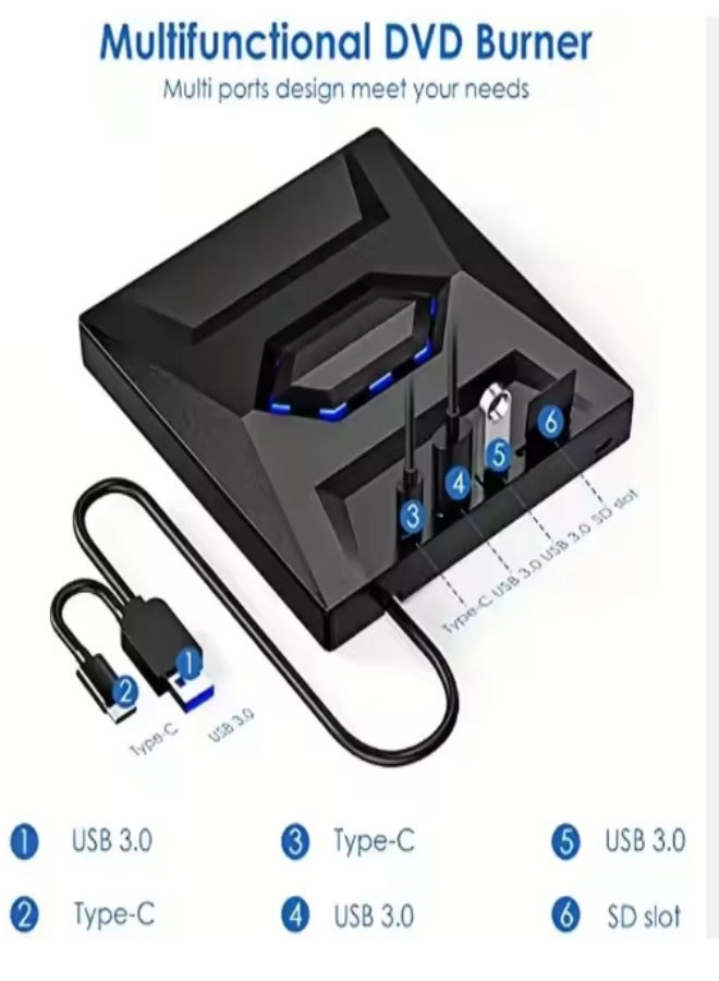 DUNISO External DVD drive, USB portable CD player, burner, reader/writer, with Type C interface and USB interface, SD card expansion interface and power interface, suitable for laptops and desktop computers, can read videos, music, etc, black  - Image 5