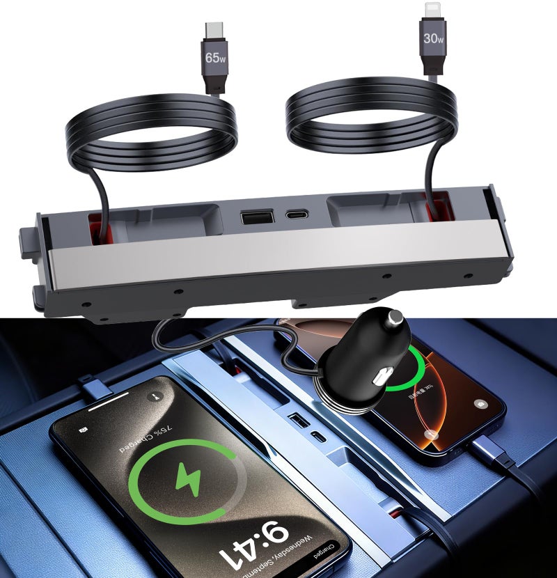 VSTM Upgrade 125W USB Hub for Tesla Model Y Juniper 2025-2026 & Model 3 Hingland 2024-2025, Multi Ports Phone Charger with Retractable Cables, Waterproof Docking Station Center Console Accessories - Image 1