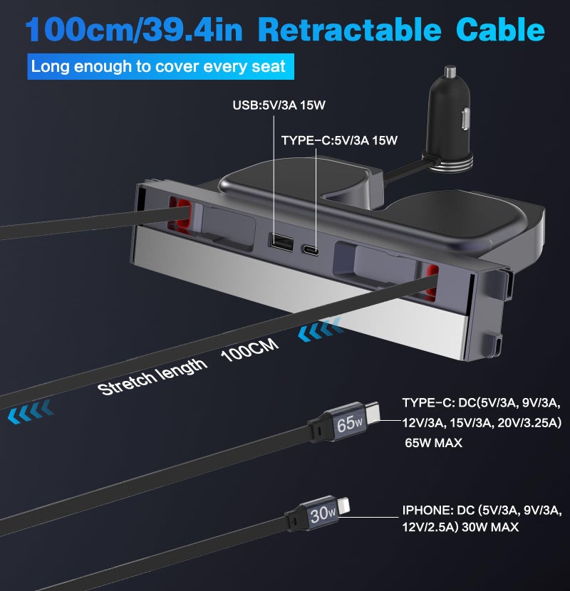 VSTM Upgrade 125W USB Hub for Tesla Model Y Juniper 2025-2026 & Model 3 Hingland 2024-2025, Multi Ports Phone Charger with Retractable Cables, Waterproof Docking Station Center Console Accessories - Image 4