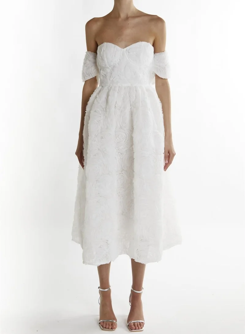 White Applique-Mesh Amelia Bardot Bust Cup Midi Dress