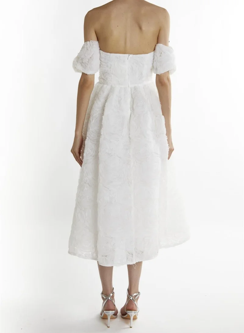 True Decadence White Applique-Mesh Amelia Bardot Bust Cup Midi Dress