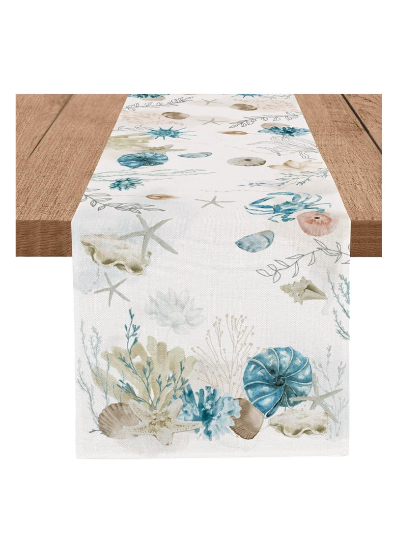 KASTWAVE Blue Beach Seashell Table Runner, Cheesecloth Table Runner, Summer Ocean Coastal Nautical Burlap Table Runner, Seasonal Spring Kitchen Dining Coffee Table Center Decor, for Wedding Baby Bridal Shower - Image 1