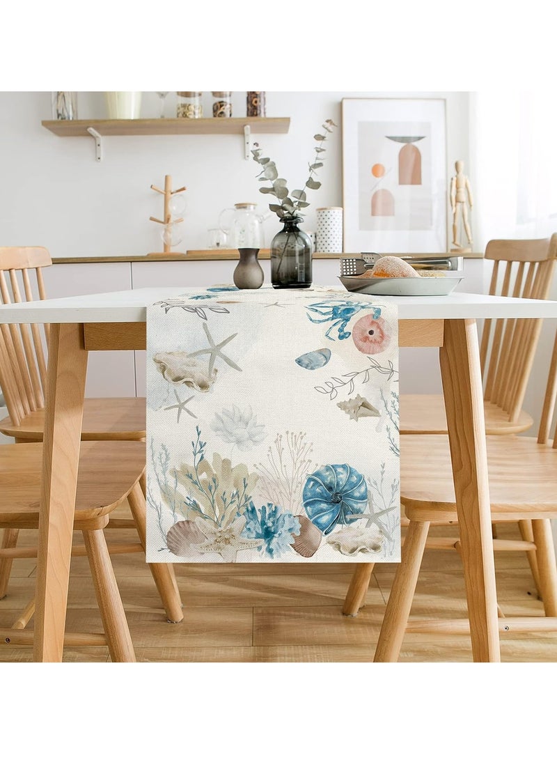 KASTWAVE Blue Beach Seashell Table Runner, Cheesecloth Table Runner, Summer Ocean Coastal Nautical Burlap Table Runner, Seasonal Spring Kitchen Dining Coffee Table Center Decor, for Wedding Baby Bridal Shower - Image 2