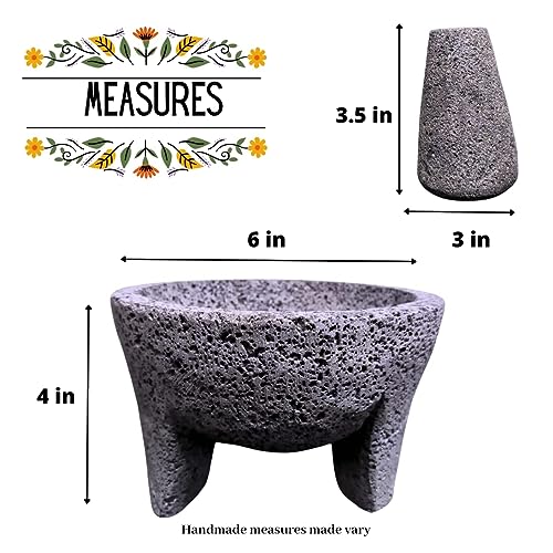 LINDO Brand 6 inch Molcajete Mortar and Pestle, Mexican Handmade with Lava Stone,Herb Bowl, Spice Grinder, Pill Crusher, Pesto Powder, Volcanic Stone - Image 2