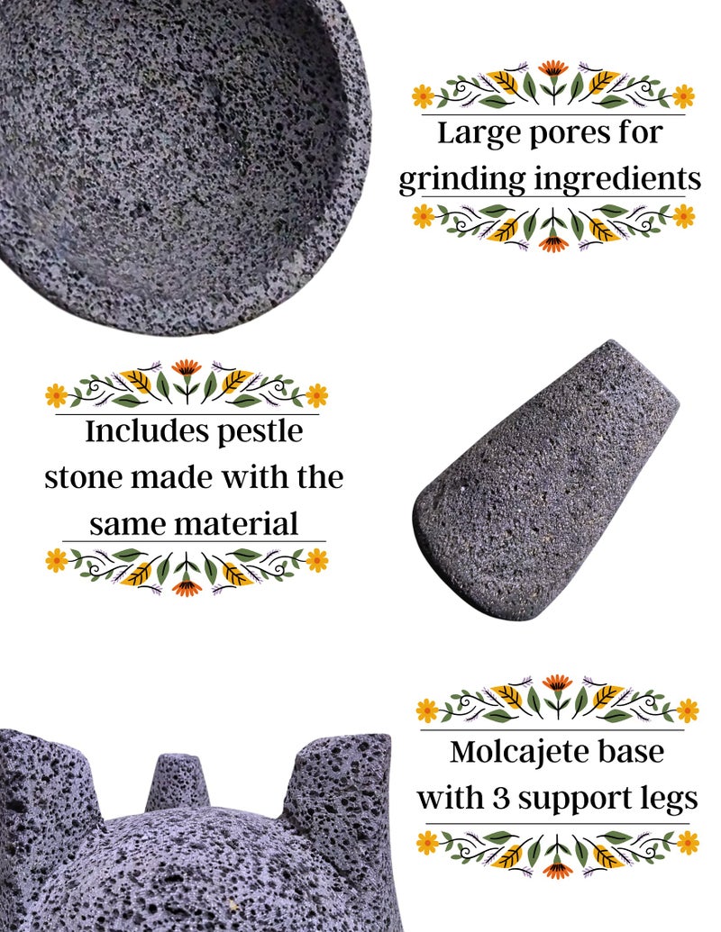 LINDO Brand 6 inch Molcajete Mortar and Pestle, Mexican Handmade with Lava Stone,Herb Bowl, Spice Grinder, Pill Crusher, Pesto Powder, Volcanic Stone - Image 4