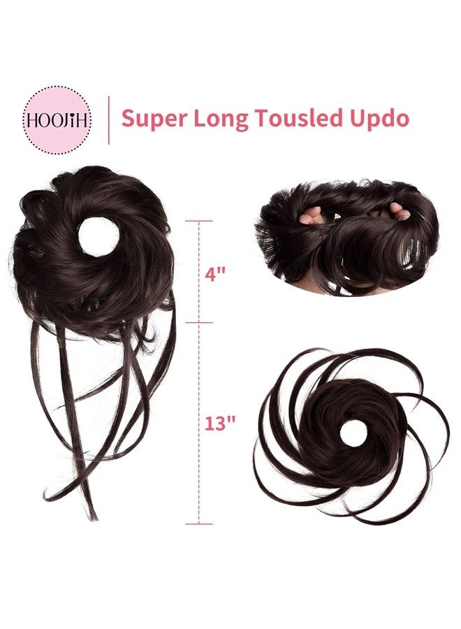 HOOJIH Messy Bun Hair Piece, Super Long Tousled Updo Hair Bun Extensions Wavy Hair Wrap Ponytail Hairpieces Hair Scrunchies with Elastic Hair Band for Women Girls - Dark Brown - Image 2