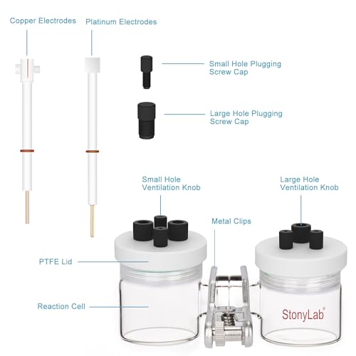 stonylab H-Type Electrolytic Cells, Borosilicate Replaceable Ion-Exchange Membrane Electrolyzer Sealed Electrochemical Cells with PTFE Lids and Electrodes, 50 ml - Image 2